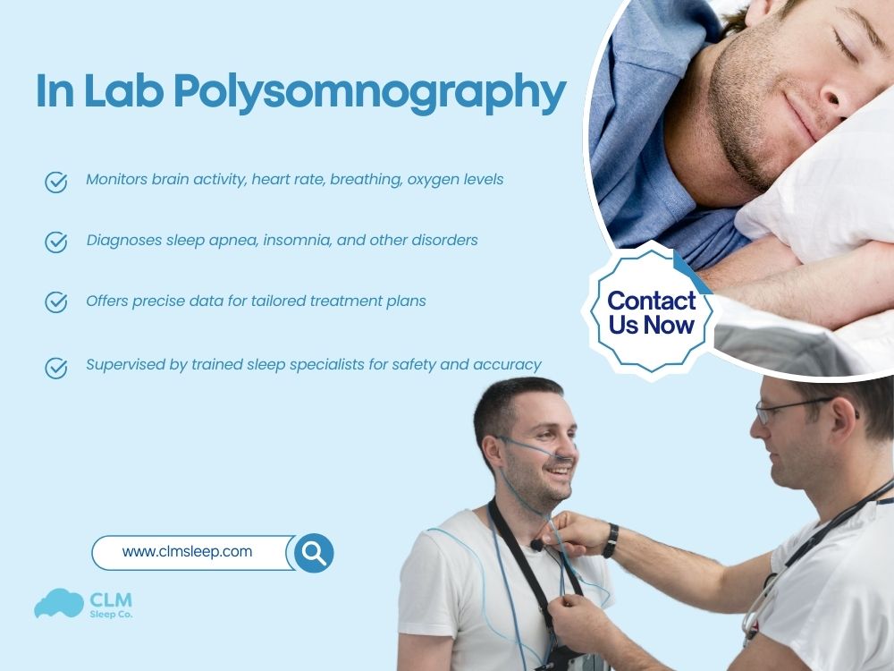 Polysomnography (PSG) is a lab-based sleep study that monitors key sleep parameters