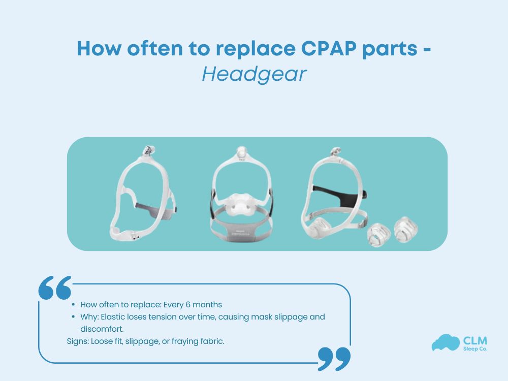 The CPAP headgear should be replaced every 6 months.